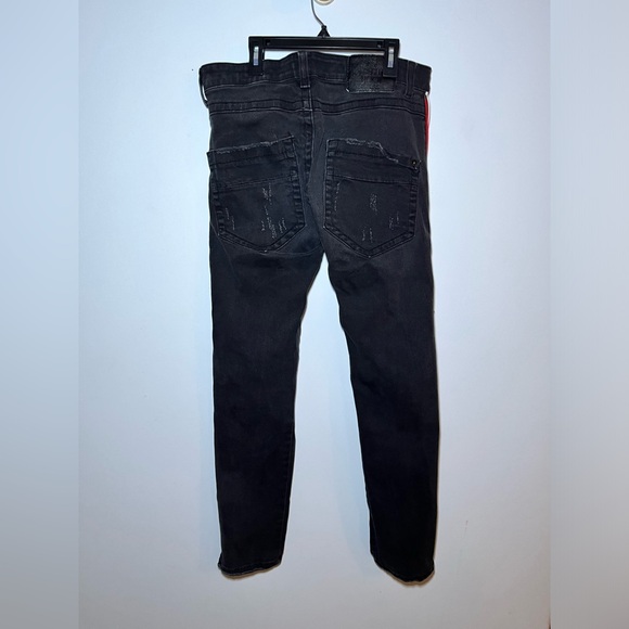 SMUGGLER’S MOON SUPER SKINNY BLACK DISTRESSED JEANS WITH REFLECTIVE TRIM. 34 - Picture 3 of 11